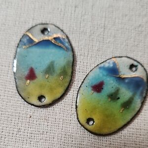 Handcrafted Enamel Copper Earring Charms Gold Accent Mountain Forest Scenes